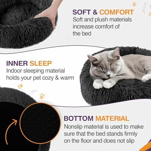 Cat sleeping in a soft, plush pet bed with nonslip bottom.